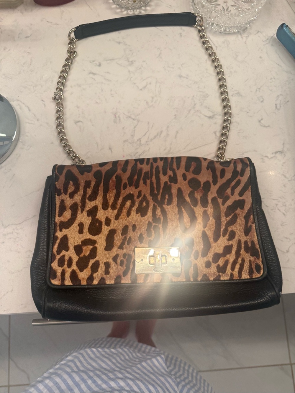 kate spade Leopard Print Shoulder Bag with Black Trim and Gold Chain